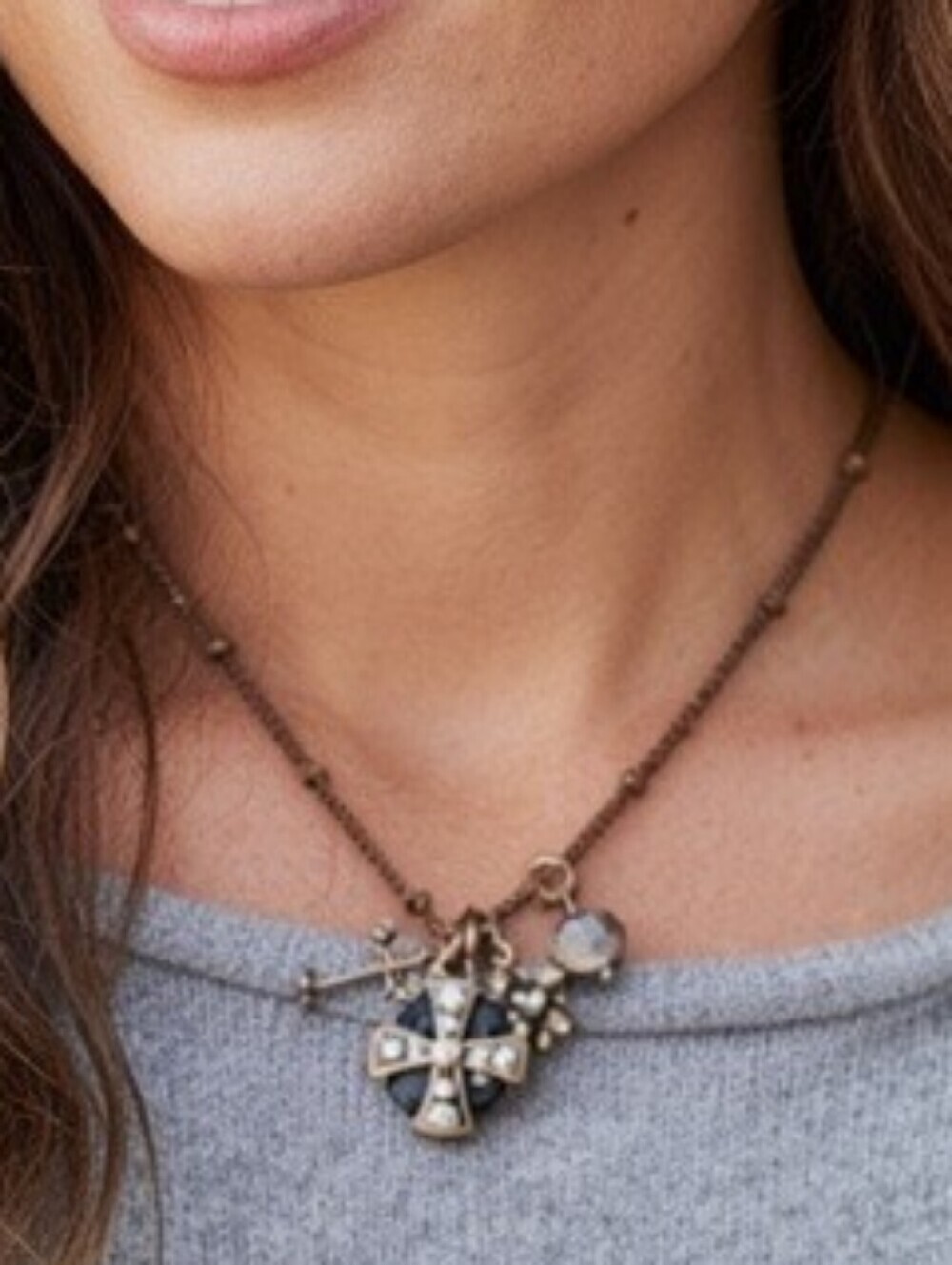 VCLM Rose Bronze Cross Charm Necklace Crystal Accents Vintage